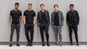 Five stylish young men showcasing different black